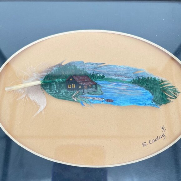 Vintage Cabin By the River Artist signed Oil‎ Painted Feather Framed - Picture 2 of 4